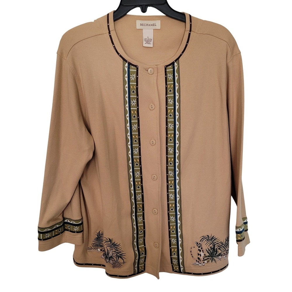 Bechamel Safari Embroidered Cardigan Women L Tan Cotton Print Animals